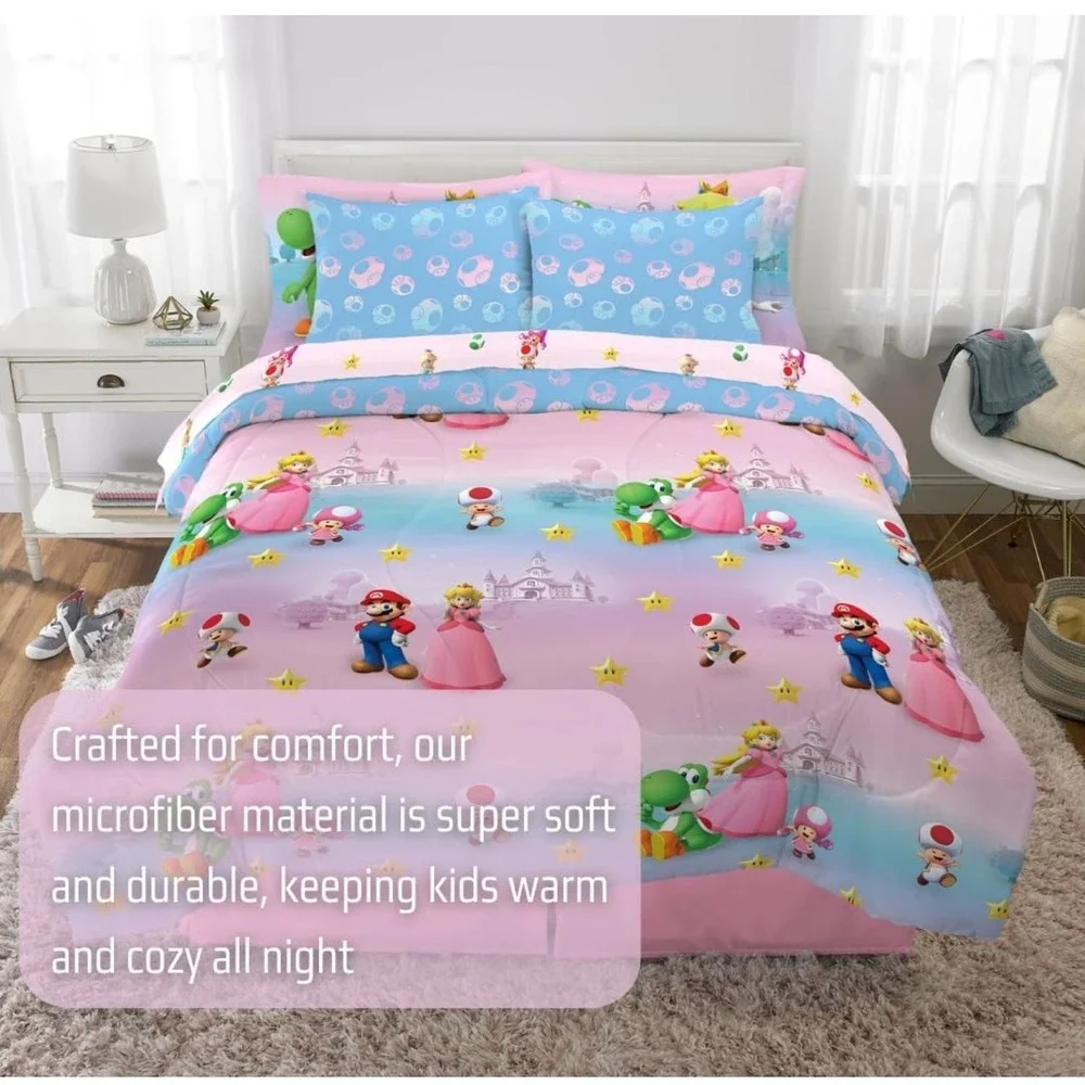 NEW 7 PIECE SUPER MARIO PRINCESS PEACH REVERSIBLE QUEEN COMFORTER AND SHEET SET